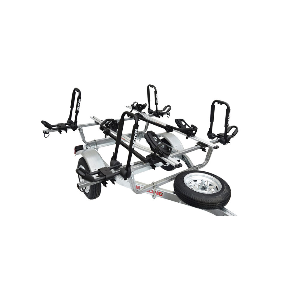 Malone MicroSport 2 Kayak/2 Bike Trailer, Spare Tire, 2 FoldAway-J Carriers, 2 Bike Racks
